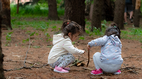 Two children playing with sticks in the forest