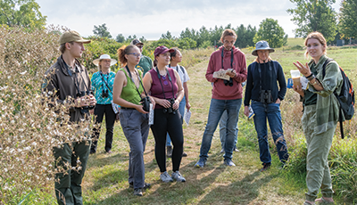 A group outdoors looking up and pointing