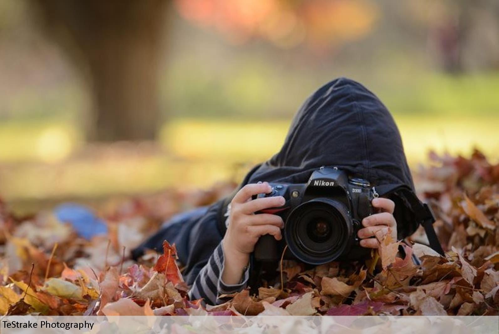 Child taking photo in the leaves